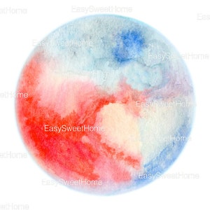 May include: A watercolour painting of a circle with a red, orange, yellow, blue, and purple colour scheme. The colours are blended together to create a soft, abstract design.