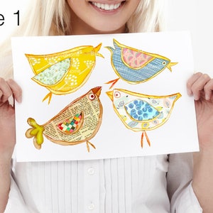 May include: Four colorful paper birds with different patterns and textures. The birds are yellow, blue, brown, and white with a variety of patterns and textures. The birds are arranged in a row on a white background.