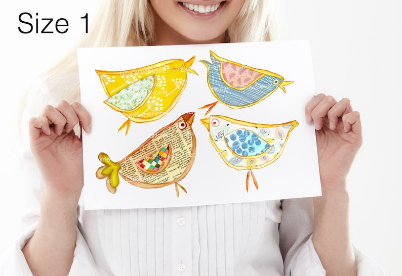 May include: Four colorful paper birds with different patterns and textures. The birds are yellow, blue, brown, and white with a variety of patterns and textures. The birds are arranged in a row on a white background.