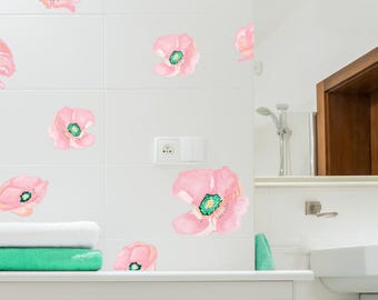 セール -30% - セラミック タイル、家具、家電用ピンク ポピー デカール - EasySweetHome の手描きの花デカール