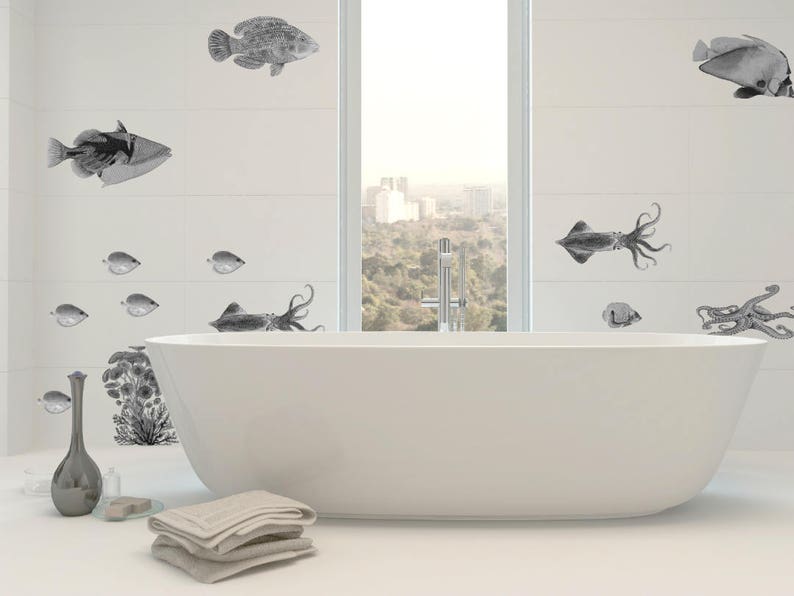 Fish Wall Decals Bathroom Decor Home Decor Black Ink Etsy