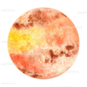 Puede incluir: Una pintura de acuarela de un sol redondo, naranja, amarillo y marrón. El sol tiene un aspecto suave y difuminado, con tonos de rojo, naranja y amarillo.