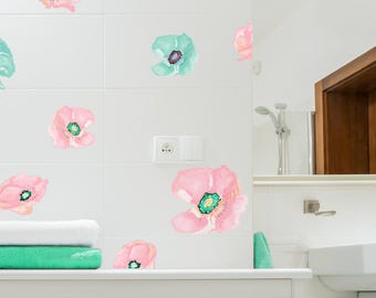 SALE -30%, Mint Poppy Decals For Ceramic Tiles and Furniture and Home Appliances, Hand-Painted Flower Decals, Home Décor