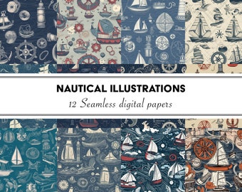 May include: A collection of 12 seamless digital papers featuring nautical illustrations. The patterns include hand-drawn sketches of sailboats, lighthouses, ship wheels, and anchors in shades of navy blue, cream, and red with text overlay.