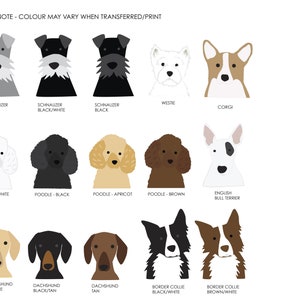 May include: Illustration of 12 different dog breeds, including a Schnauzer, a Westie, a Corgi, a Poodle, an English Bull Terrier, a Dachshund, and a Border Collie. Each breed is shown in different colors, such as grey, black, white, brown, tan, and apricot.
