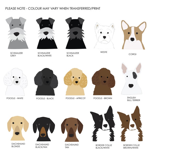 May include: Illustration of 12 different dog breeds, including a Schnauzer, a Westie, a Corgi, a Poodle, an English Bull Terrier, a Dachshund, and a Border Collie. Each breed is shown in different colors, such as grey, black, white, brown, tan, and apricot.