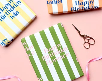 Personalised Stripe Text Birthday Wrapping Paper
