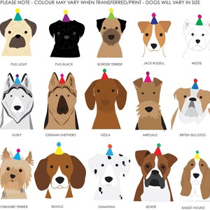 K&ouml;nnte beinhalten: Ein Diagramm mit 15 verschiedenen Hunderassen, die Partyh&uuml;te tragen. Die Rassen sind: Mops, Border Terrier, Jack Russell, Westie, Husky, Deutscher Sch&auml;ferhund, Vizsla, Airedale, Bulldogge, Yorkshire Terrier, Beagle, Dalmatiner, Boxer und Basset Hound.