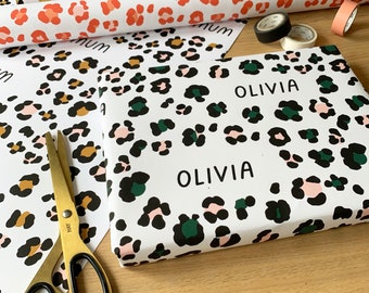 personalised leopard name wrapping paper