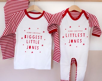 Personalised Littlest Surname Christmas Romper suit, or  Sibling Children's Pyjamas set