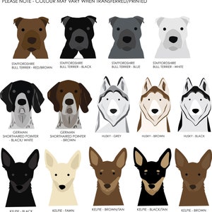 May include: Illustration of 15 different dog breeds, including Staffordshire Bull Terrier, German Shorthaired Pointer, Husky, and Kelpie. Each breed is shown in various colors, such as red, brown, black, white, grey, and tan. The text "PLEASE NOTE - COLOUR MAY VARY WHEN TRANSFERRED/PRINTED" is at the top of the image.