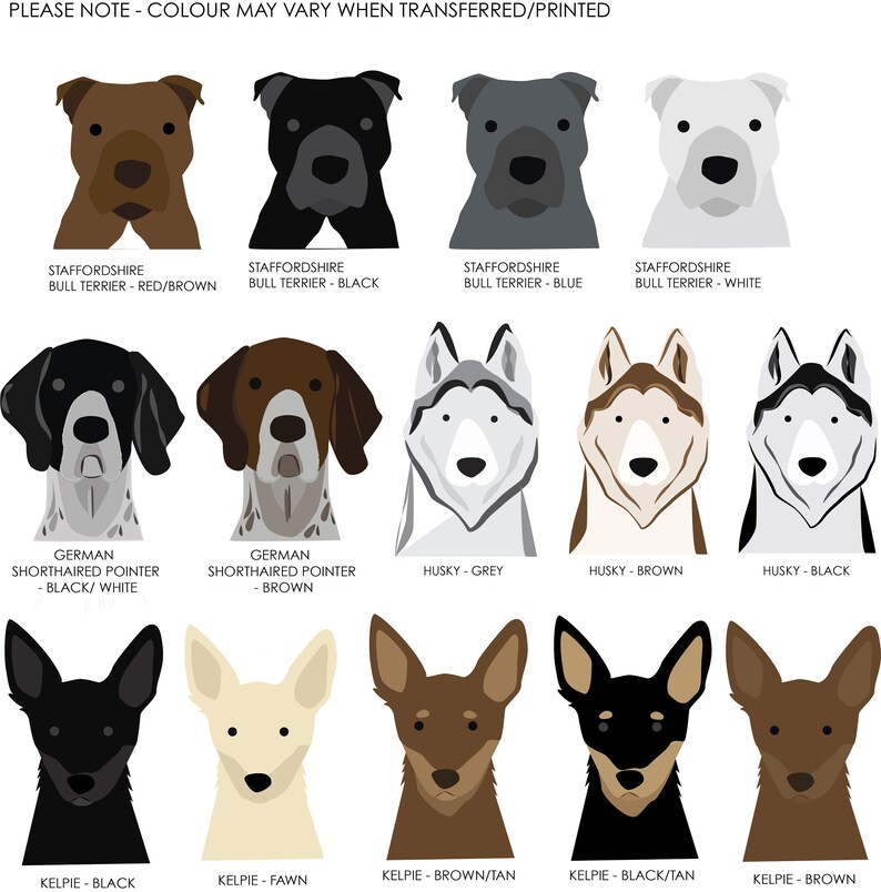 May include: Illustration of 15 different dog breeds, including Staffordshire Bull Terrier, German Shorthaired Pointer, Husky, and Kelpie. Each breed is shown in various colors, such as red, brown, black, white, grey, and tan. The text "PLEASE NOTE - COLOUR MAY VARY WHEN TRANSFERRED/PRINTED" is at the top of the image.
