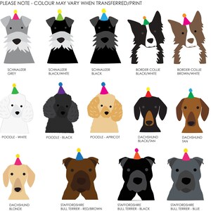K&ouml;nnte beinhalten: Ein Diagramm mit Illustrationen verschiedener Hunderassen, die Partyh&uuml;te tragen. Die Rassen umfassen Schnauzer, Border Collie, Pudel, Dackel und Staffordshire Bull Terrier. Die Hunde sind in verschiedenen Farben dargestellt, darunter grau, schwarz, wei&szlig;, braun, braun, apricot und blau.