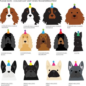 K&ouml;nnte beinhalten: Illustration von 10 verschiedenen Hunderassen, die Partyh&uuml;te tragen. Zu den Rassen geh&ouml;ren Cavalier King Charles Spaniel, Cocker Spaniel und Franz&ouml;sische Bulldogge. Die Hunde sind in verschiedenen Farben dargestellt, darunter Schwarz, Wei&szlig;, Braun, Braun und Rot.