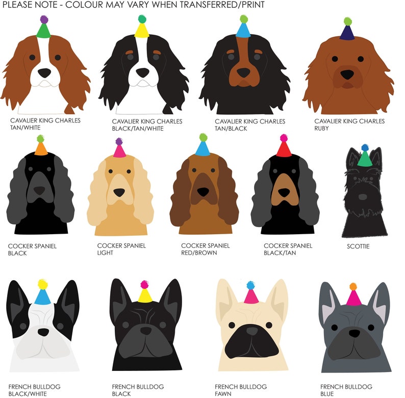 K&ouml;nnte beinhalten: Illustration von 10 verschiedenen Hunderassen, die Partyh&uuml;te tragen. Zu den Rassen geh&ouml;ren Cavalier King Charles Spaniel, Cocker Spaniel und Franz&ouml;sische Bulldogge. Die Hunde sind in verschiedenen Farben dargestellt, darunter Schwarz, Wei&szlig;, Braun, Braun und Rot.
