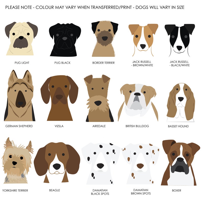 May include: Illustration of 15 different dog breeds, including a Pug, Border Terrier, Jack Russell, German Shepherd, Vizsla, Airedale, British Bulldog, Basset Hound, Yorkshire Terrier, Beagle, Dalmatian, and Boxer. The dogs are all facing forward and have a simple, cartoon-like style.