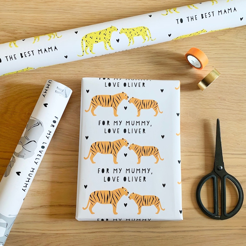 Personalised Mummy and baby tiger, leopard OR elephant wrapping paper / Mother's Day / Father's Day / gift wrap image 1