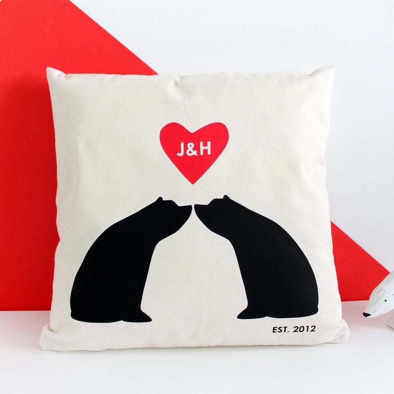Bear Couple Silhouette / Personalised Cushion Cover / Anniversary Gift / Wedding Day Gift / Valentines Day / Mr and Mrs / Mr and Mr image 1