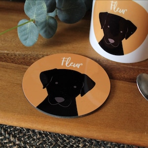 May include: A round orange coaster with a black silhouette of a dog's head and the name "Fleur" in white text.