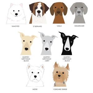K&ouml;nnte beinhalten: Ein Diagramm mit Illustrationen verschiedener Hunderassen, darunter ein Samojede, ein Bernhardiner, ein Vizsla, ein Weimaraner, ein Whippet/Greyhound (schwarz), ein Whippet/Greyhound (grau), ein Westie und ein Yorkshire Terrier.