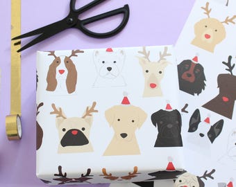 Christmas Dog wrapping paper, Santa and antlers
