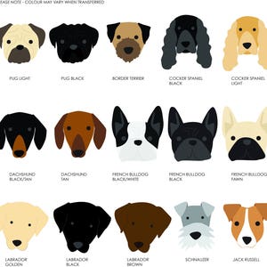 May include: A chart of 12 different dog breeds, each illustrated with a simple cartoon image of the dog's head. The breeds are: Pug (light and black), Border Terrier, Cocker Spaniel (black and light), Dachshund (black/tan and tan), French Bulldog (black/white, black, and fawn), Labrador (golden, black, and brown), Schnauzer, and Jack Russell.