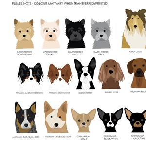 May include: A chart with illustrations of different dog breeds, including a Cairn Terrier, Papillon, Boston Terrier, Irish Red Setter, Rhodesian Ridgeback, Australian Cattle Dog, and Chihuahua. The breeds are shown in various colors, including light brown, cream, black, grey, brown, white, and tan.