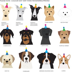 K&ouml;nnte beinhalten: Illustration von 12 verschiedenen Hunderassen, die Partyh&uuml;te tragen. Die Rassen sind Whippet/Greyhound (hell, grau, schwarz/wei&szlig;), Cairn Terrier, Bichon Frise, Dobermann, Rottweiler, Deutsche Dogge, Norfolk Terrier, Shih Tzu, Bernhardiner, Berner Sennenhund und Corgi.