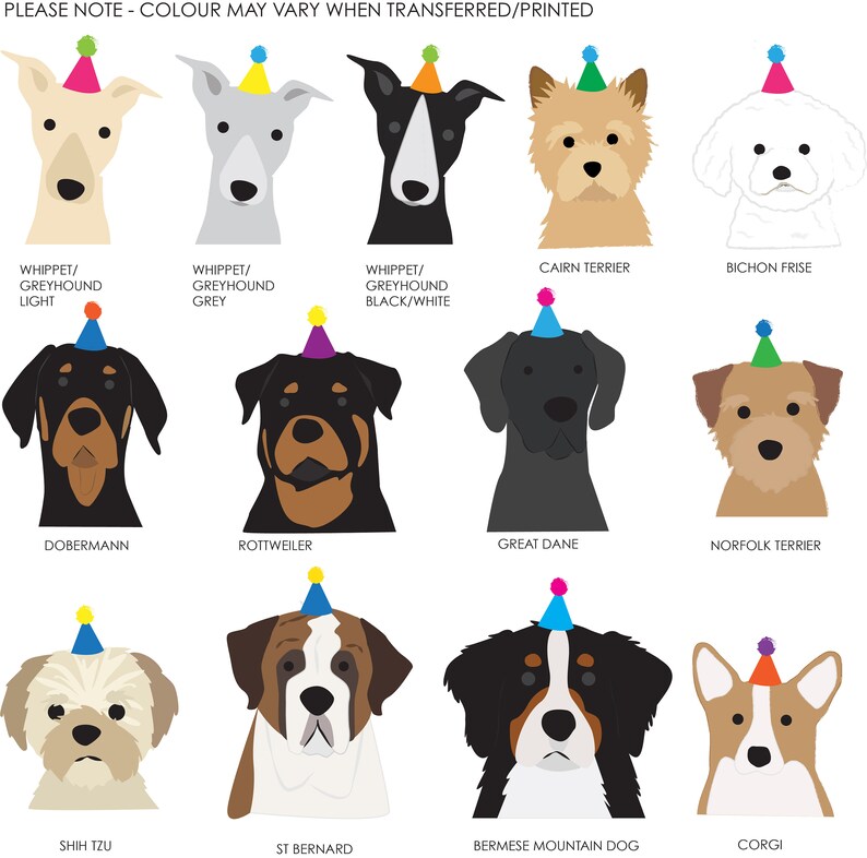K&ouml;nnte beinhalten: Illustration von 12 verschiedenen Hunderassen, die Partyh&uuml;te tragen. Die Rassen sind Whippet/Greyhound (hell, grau, schwarz/wei&szlig;), Cairn Terrier, Bichon Frise, Dobermann, Rottweiler, Deutsche Dogge, Norfolk Terrier, Shih Tzu, Bernhardiner, Berner Sennenhund und Corgi.