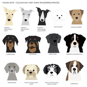 May include: Illustration of 12 different dog breeds, including a Whippet, Doberman, Rottweiler, Great Dane, Bernese Mountain Dog, Weimaraner, Shih Tzu, Lhasa Apso, St. Bernard, Bichon Frise, Norfolk Terrier. The image includes the breed names below each dog.