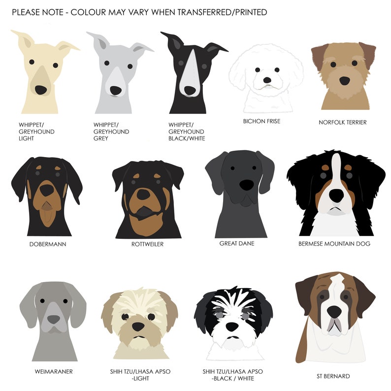 May include: Illustration of 12 different dog breeds, including a Whippet, Doberman, Rottweiler, Great Dane, Bernese Mountain Dog, Weimaraner, Shih Tzu, Lhasa Apso, St. Bernard, Bichon Frise, Norfolk Terrier. The image includes the breed names below each dog.