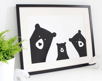 Personalised Bear Family Print / 'selfie' / monochrome / nursery print / family portrait / Original bear family print /new baby/Mother's Day