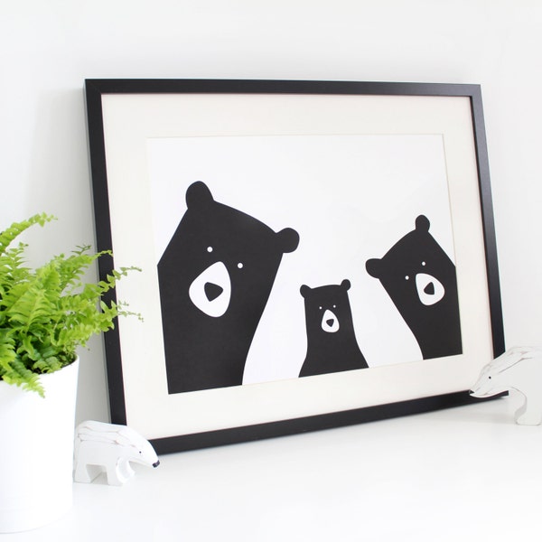 Personalised Bear Family Print / 'selfie' / monochrome / nursery print / family portrait / Original bear family print /new baby/Mother's Day