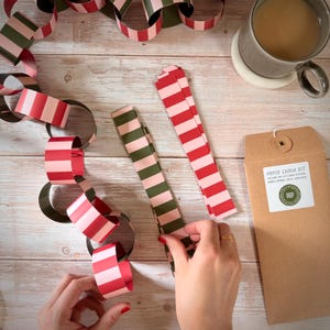 May include: A paper chain kit featuring pre-cut strips in alternating red, pink, and dark green stripes. The kit includes a brown paper envelope with a label reading Paper Chain Kit, includes die-cut chain sections, makes approx 3m of loveliness.