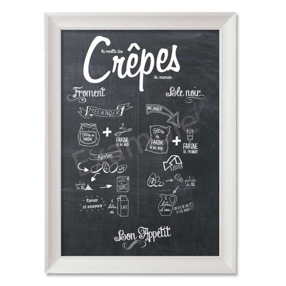 Recette des crêpes téléchargement numérique effet tableau noir - crepes recipe INSTANT DOWNLOAD chalkboard effect 21cmX29.7cm
