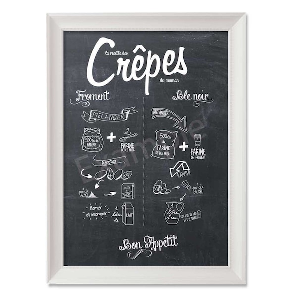 Recette des crêpes téléchargement numérique effet tableau noir - crepes recipe INSTANT DOWNLOAD chalkboard effect 21cmX29.7cm