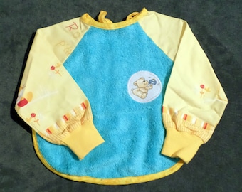 Bavoir à manches fait main jaune et bleu 6 mois- handmade bib with sleeves yellow and blue 6 months