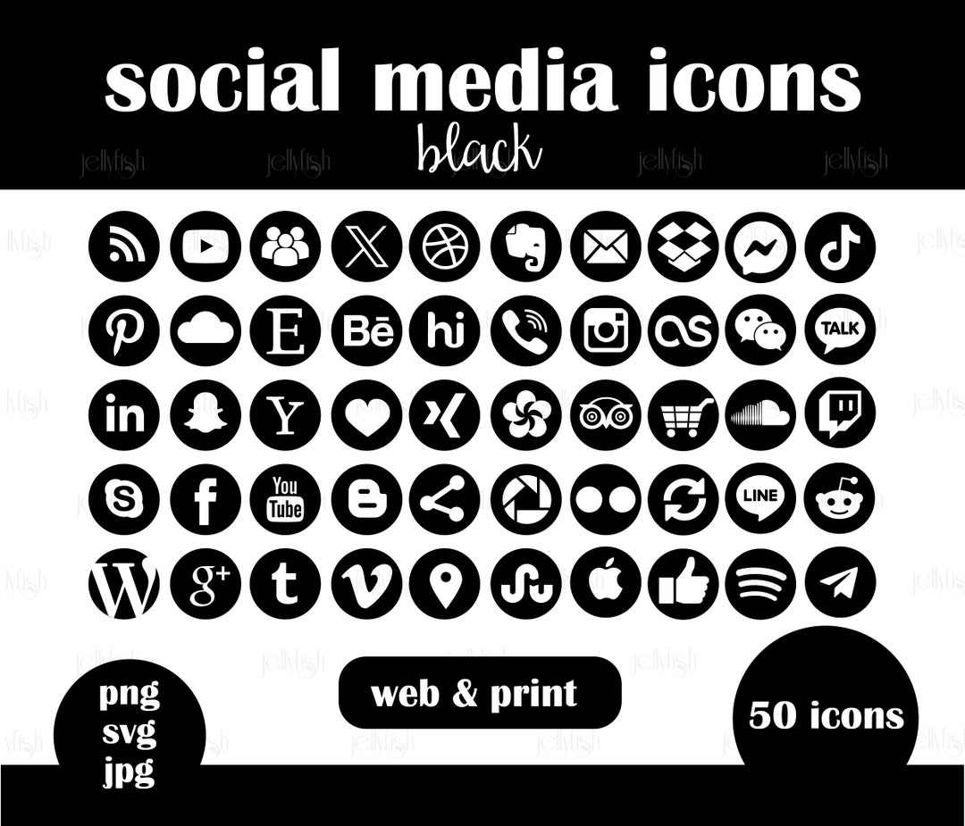Black Social Media Icons - Web and Print Ready - JPG, PNG, SVG - Etsy