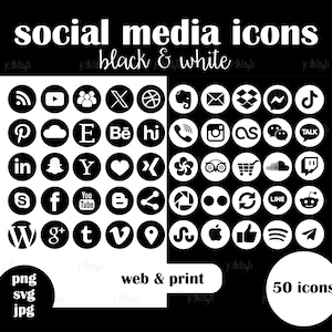 Puede incluir: Un conjunto de 50 iconos de redes sociales en blanco y negro. Los iconos tienen forma circular e incluyen plataformas populares como Facebook, Instagram, Twitter, YouTube, Pinterest, y más.