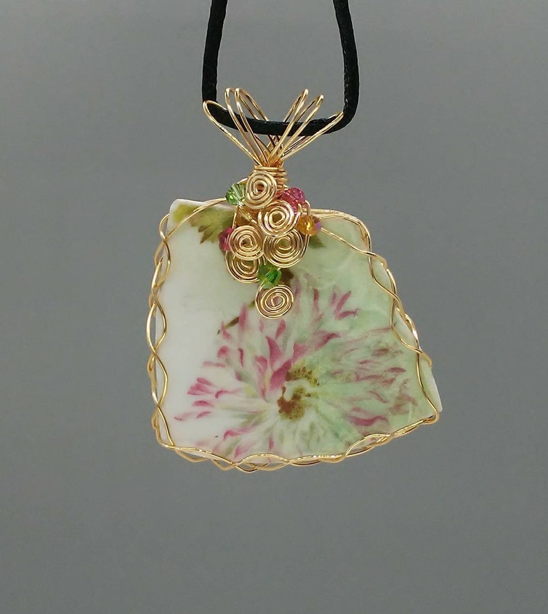 Broken China jewelry flower china pendant gold wire wrapped Etsy