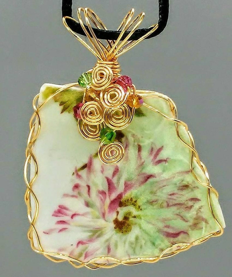 Broken China jewelry flower china pendant gold wire wrapped Etsy
