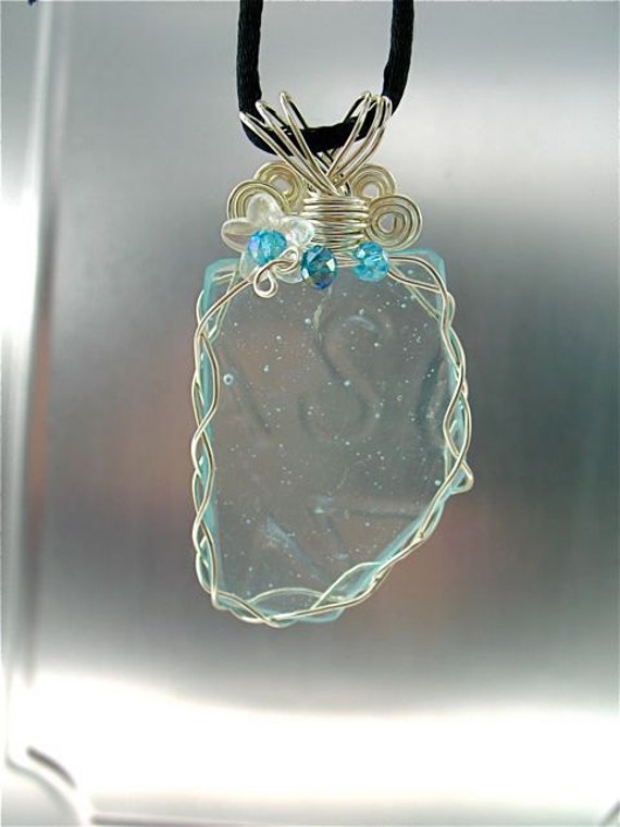 Mason jar jewelry upcycled aqua glass pendant silver wire Etsy