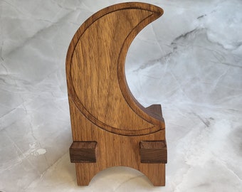 Crescent Moon Wood Phone Holder, Charging Cord Access