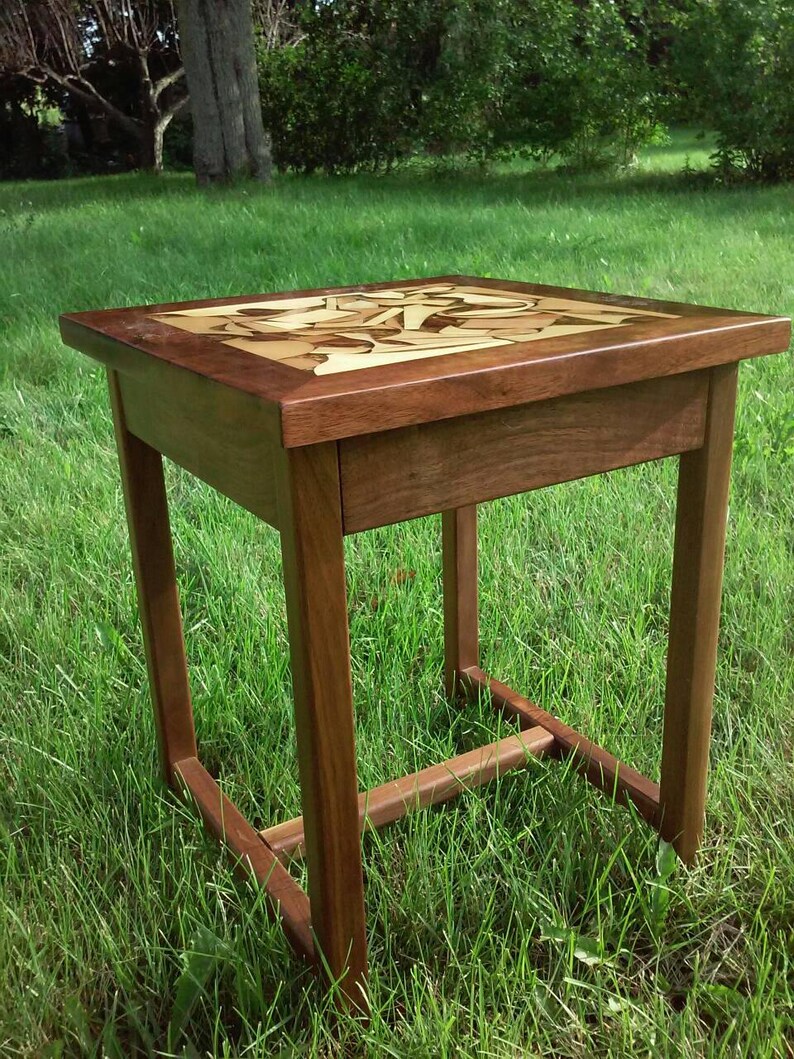 Walnut End Table With Scrap Wood Inlays 5th Anniversary Gift Etsy