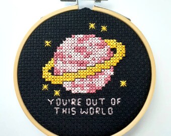 Alien Cross Stitch Kit for Beginners Halloween Space UFO Embroidery Pattern Meme Pun Birthday Card Gift Idea