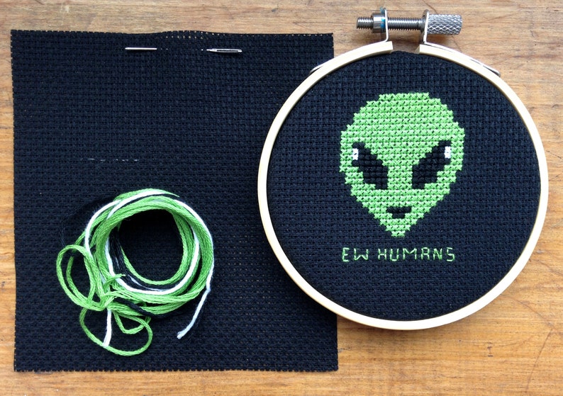 Alien Cross Stitch Kit for Beginners Halloween Space UFO Embroidery Pattern Meme Pun Birthday Card Gift Idea