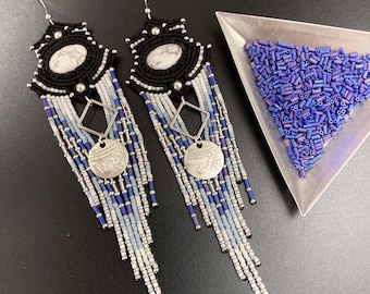 Bohemian Faux Marble Stone Purple Silver Fringe Earrings