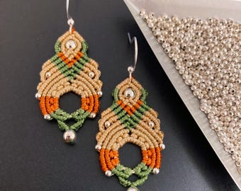 Micro Macrame Nylon Orange, Green, and Wheat with Silver Beads Drop Earrings