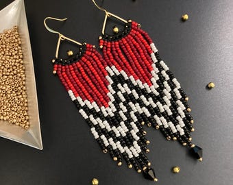 Twin Peaks Day Macrame and Beaded Fringe Chandelier Earrings in Red, Black, and White
