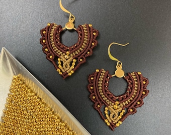 Macrame Eggplant Nylon Gold Hexagon Filigree Earrings with Gold Beads
